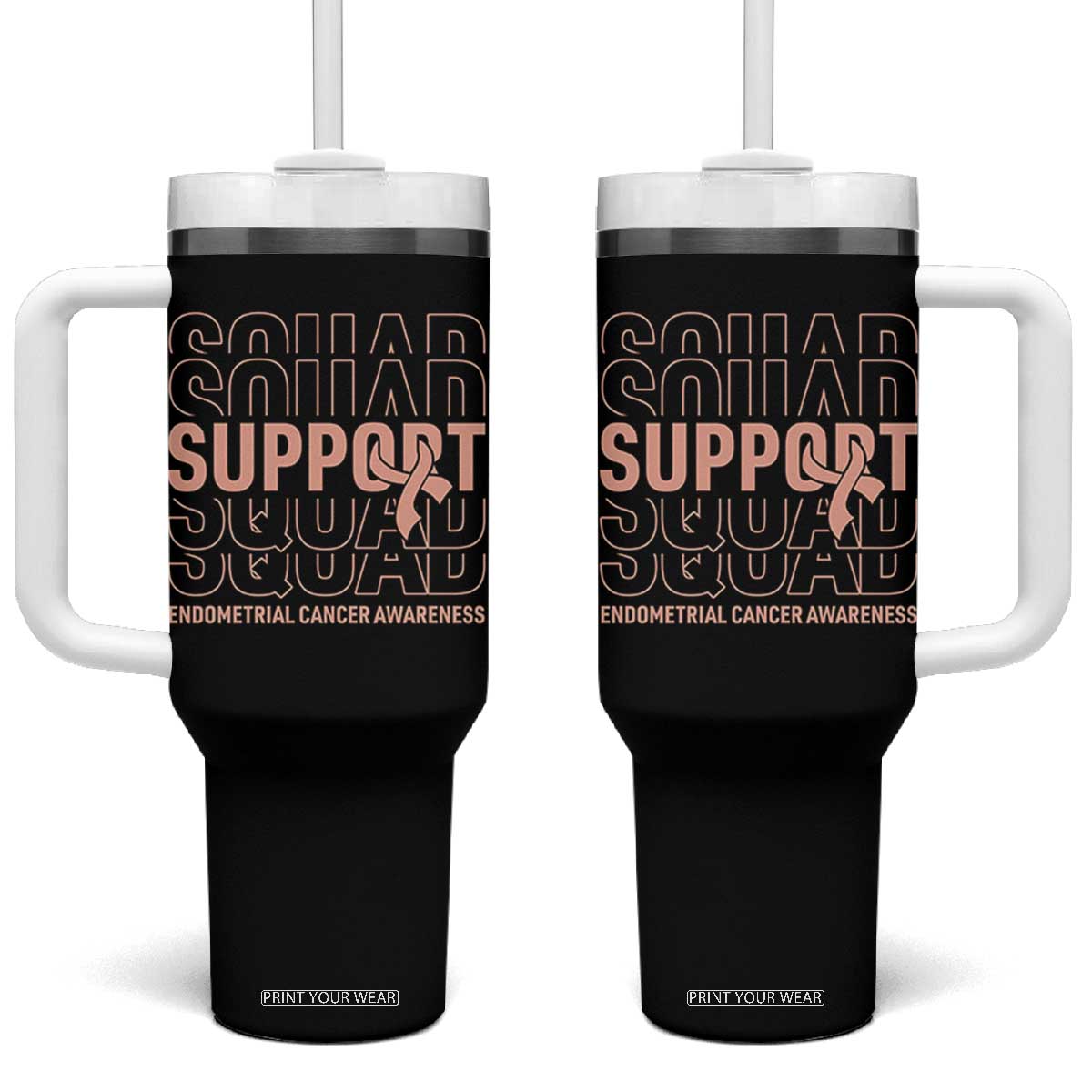 Endometrial Cancer Awareness Tumbler With Handle Support Squad Ribbon Warrior