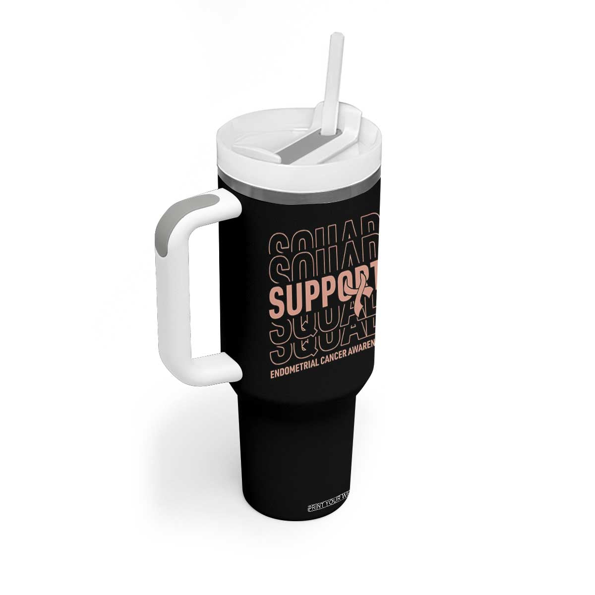 Endometrial Cancer Awareness Tumbler With Handle Support Squad Ribbon Warrior
