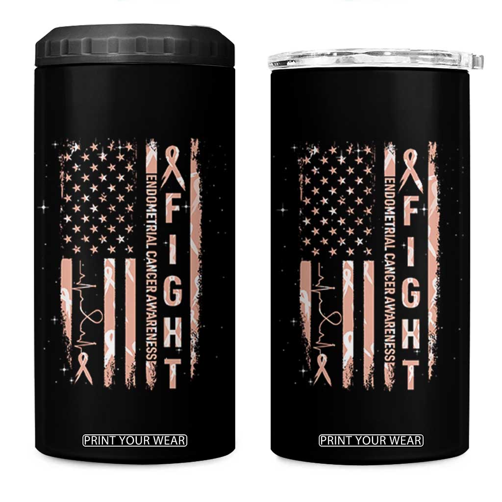 American Flag Endometrial Cancer 4 in 1 Can Cooler Tumbler Fight Together Peach Ribbon Support Squad