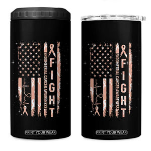 American Flag Endometrial Cancer 4 in 1 Can Cooler Tumbler Fight Together Peach Ribbon Support Squad
