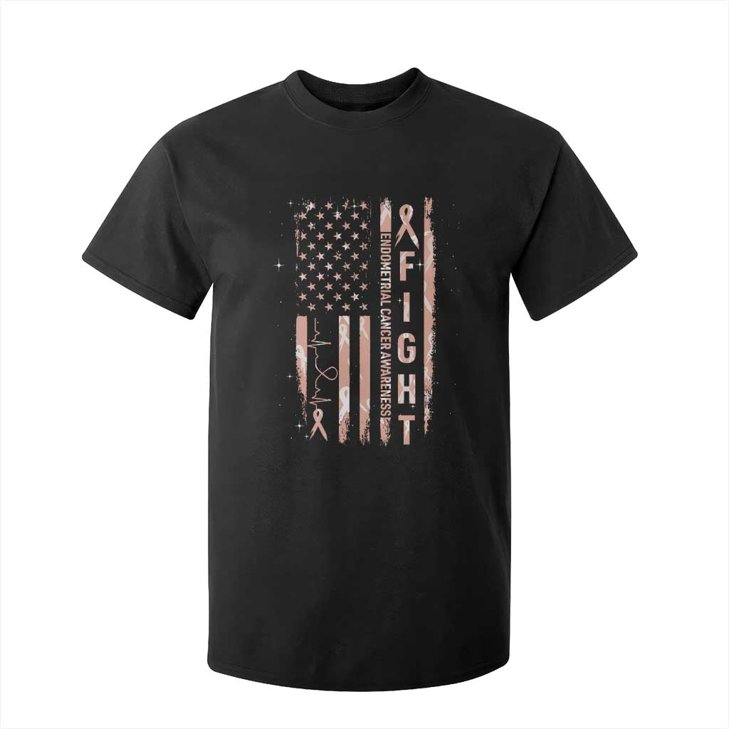 American Flag Endometrial Cancer T Shirt For Kid Fight Together Peach Ribbon Support Squad