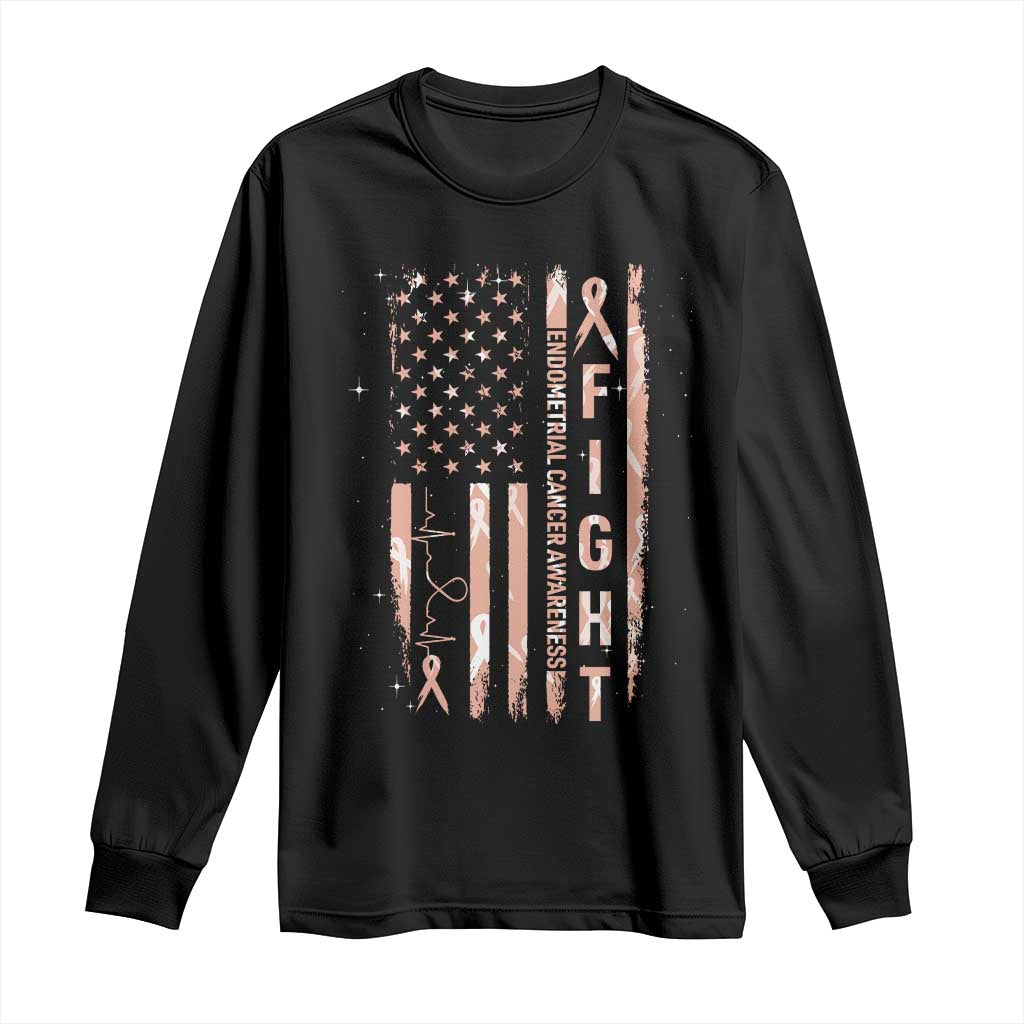 American Flag Endometrial Cancer Long Sleeve Shirt Fight Together Peach Ribbon Support Squad TS12 Black Print Your Wear