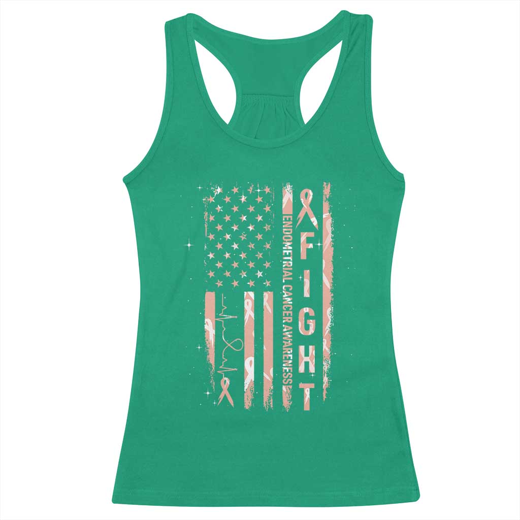 American Flag Endometrial Cancer Racerback Tank Top Fight Together Peach Ribbon Support Squad