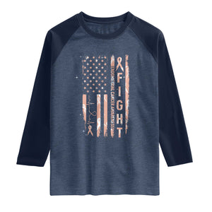 American Flag Endometrial Cancer Raglan Shirt Fight Together Peach Ribbon Support Squad