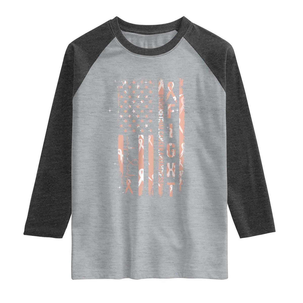 American Flag Endometrial Cancer Raglan Shirt Fight Together Peach Ribbon Support Squad