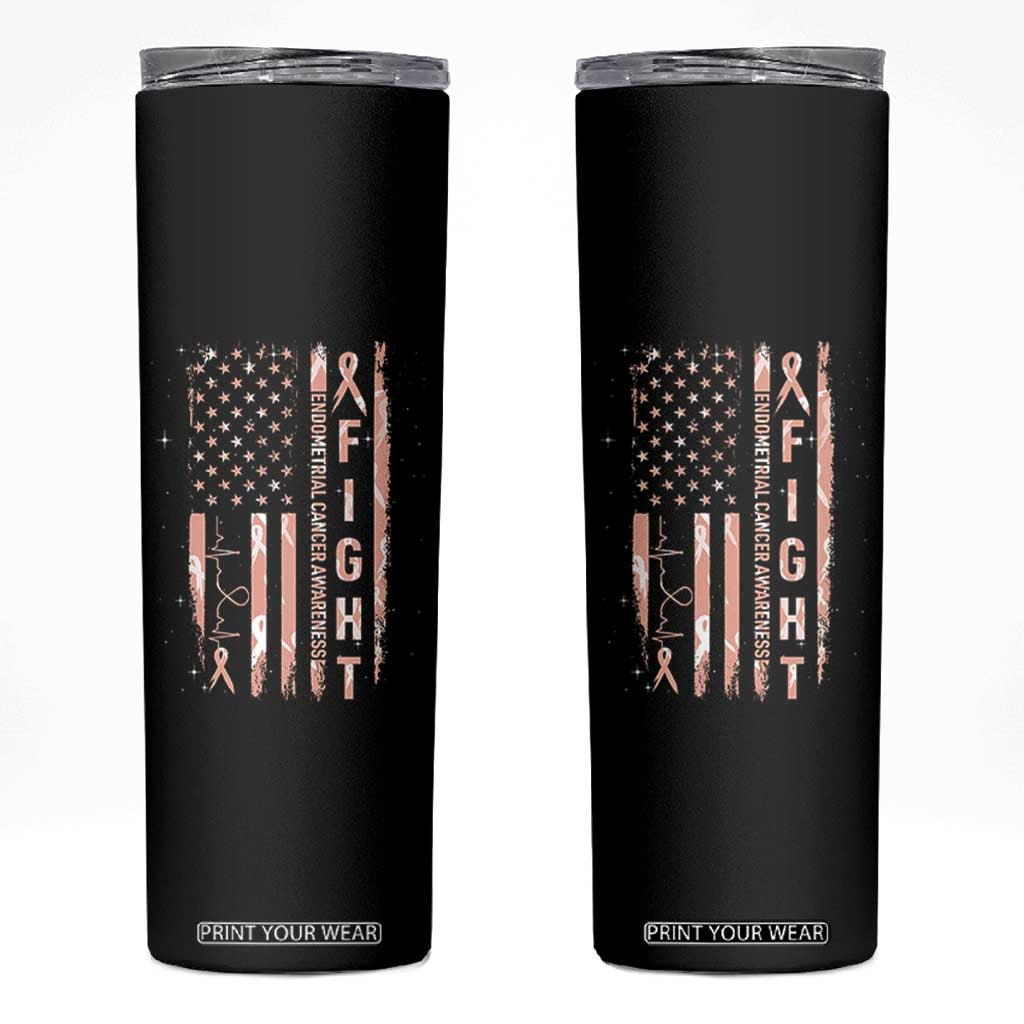 American Flag Endometrial Cancer Skinny Tumbler Fight Together Peach Ribbon Support Squad