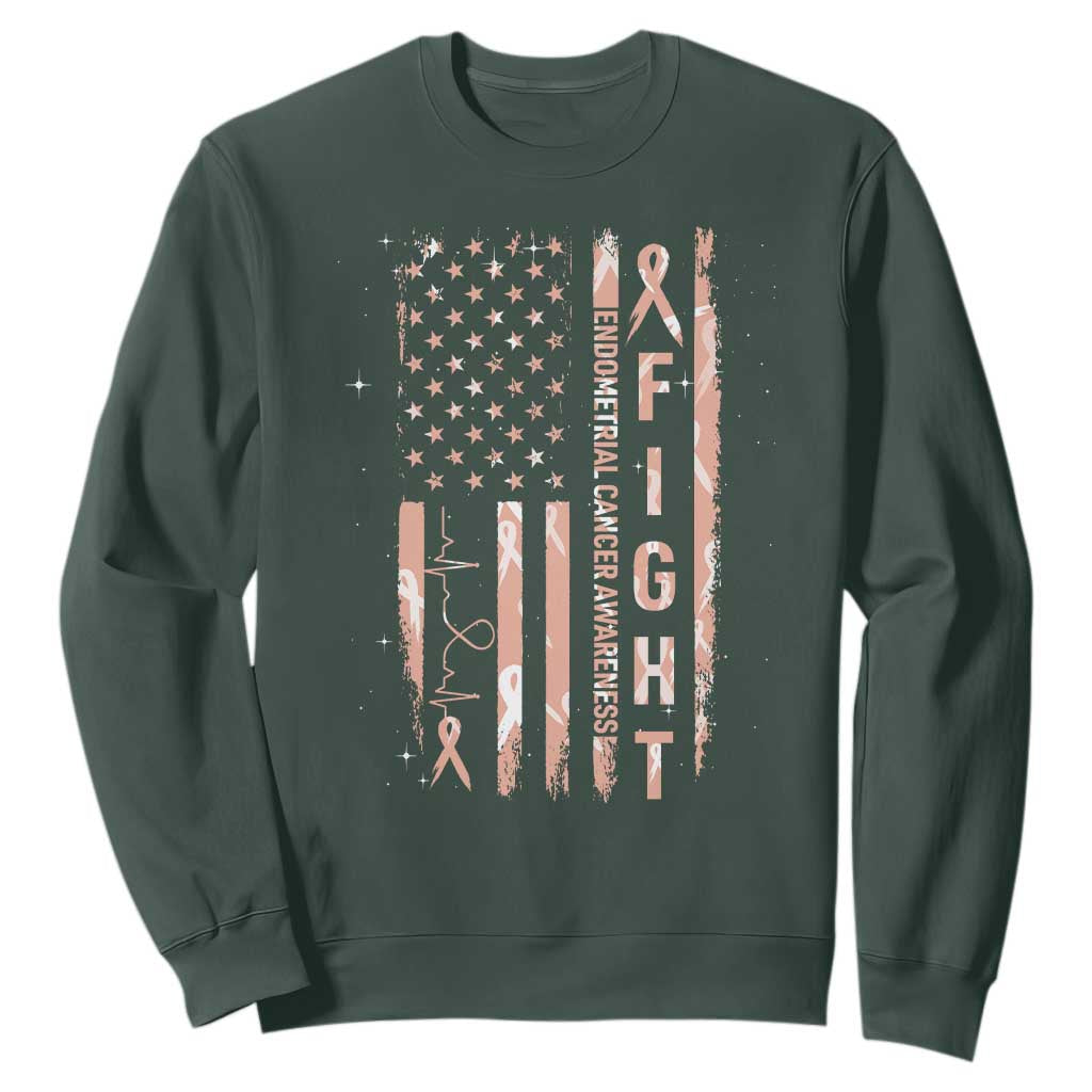 American Flag Endometrial Cancer Sweatshirt Fight Together Peach Ribbon Support Squad