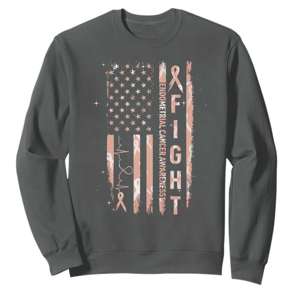 American Flag Endometrial Cancer Sweatshirt Fight Together Peach Ribbon Support Squad