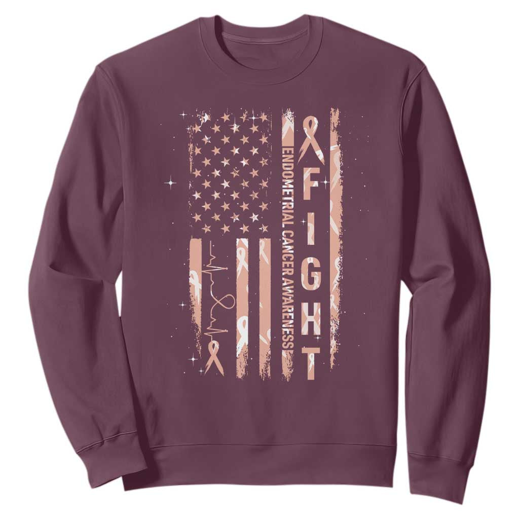 American Flag Endometrial Cancer Sweatshirt Fight Together Peach Ribbon Support Squad