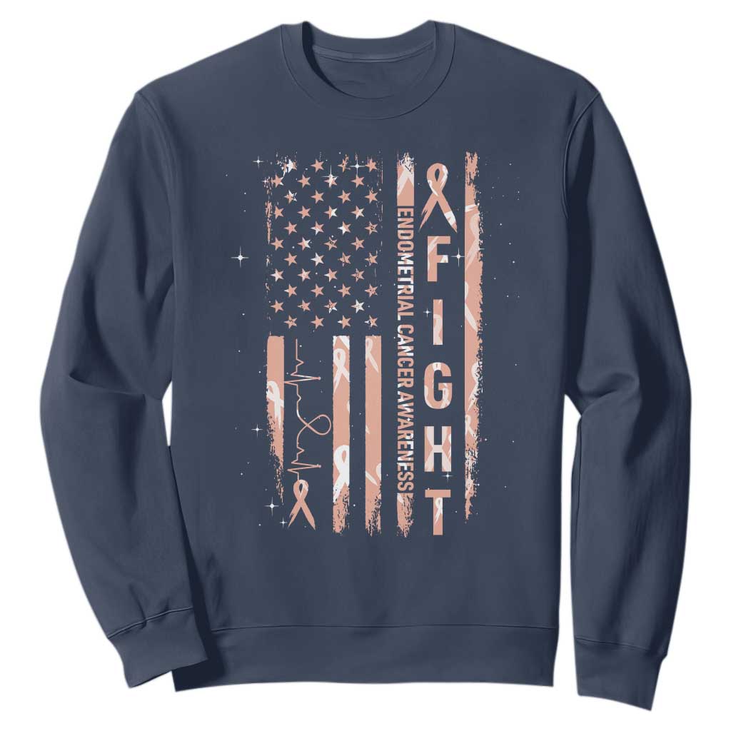 American Flag Endometrial Cancer Sweatshirt Fight Together Peach Ribbon Support Squad