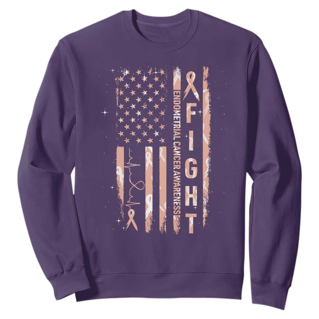 American Flag Endometrial Cancer Sweatshirt Fight Together Peach Ribbon Support Squad