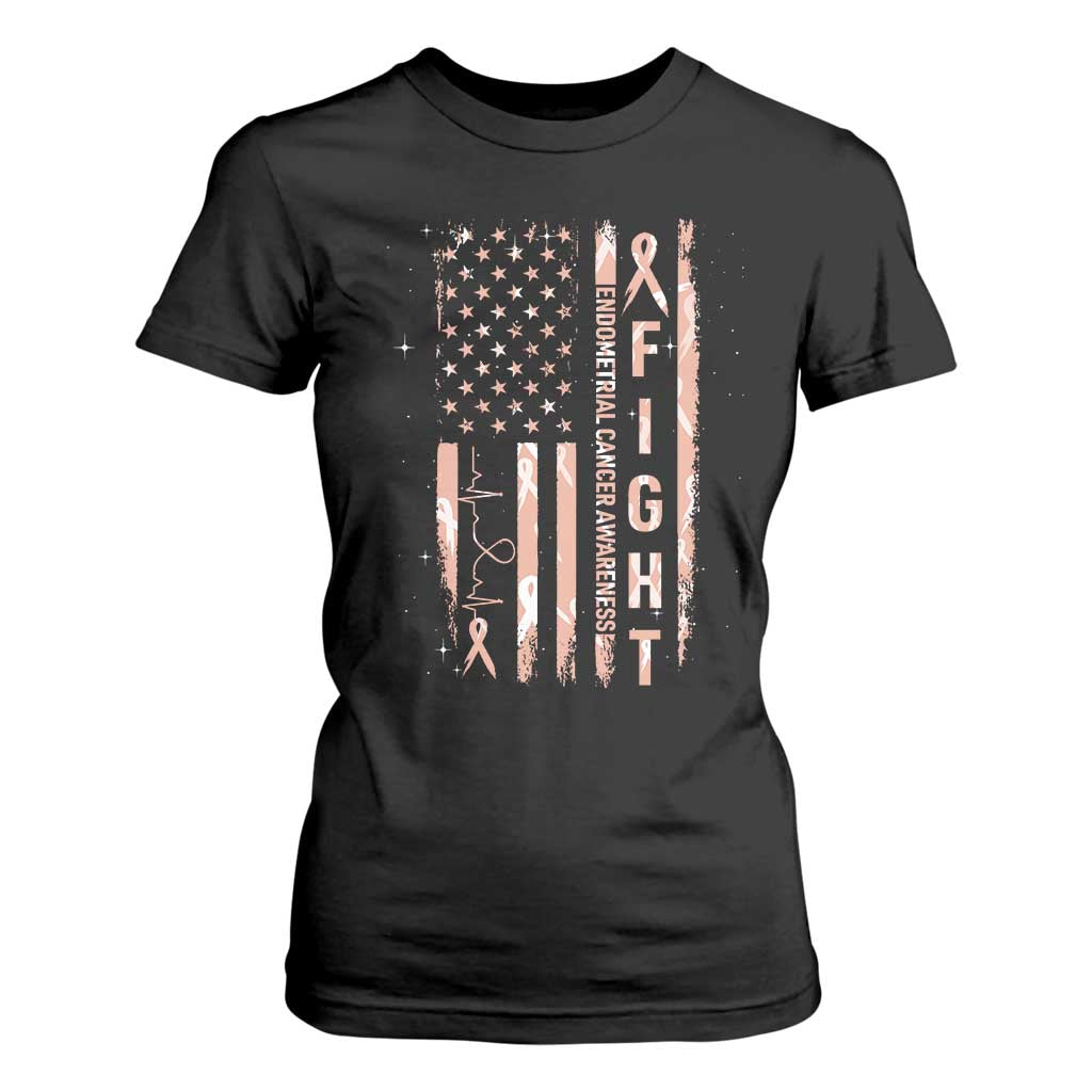 American Flag Endometrial Cancer T Shirt For Women Fight Together Peach Ribbon Support Squad TS12 Black Print Your Wear