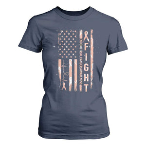 American Flag Endometrial Cancer T Shirt For Women Fight Together Peach Ribbon Support Squad
