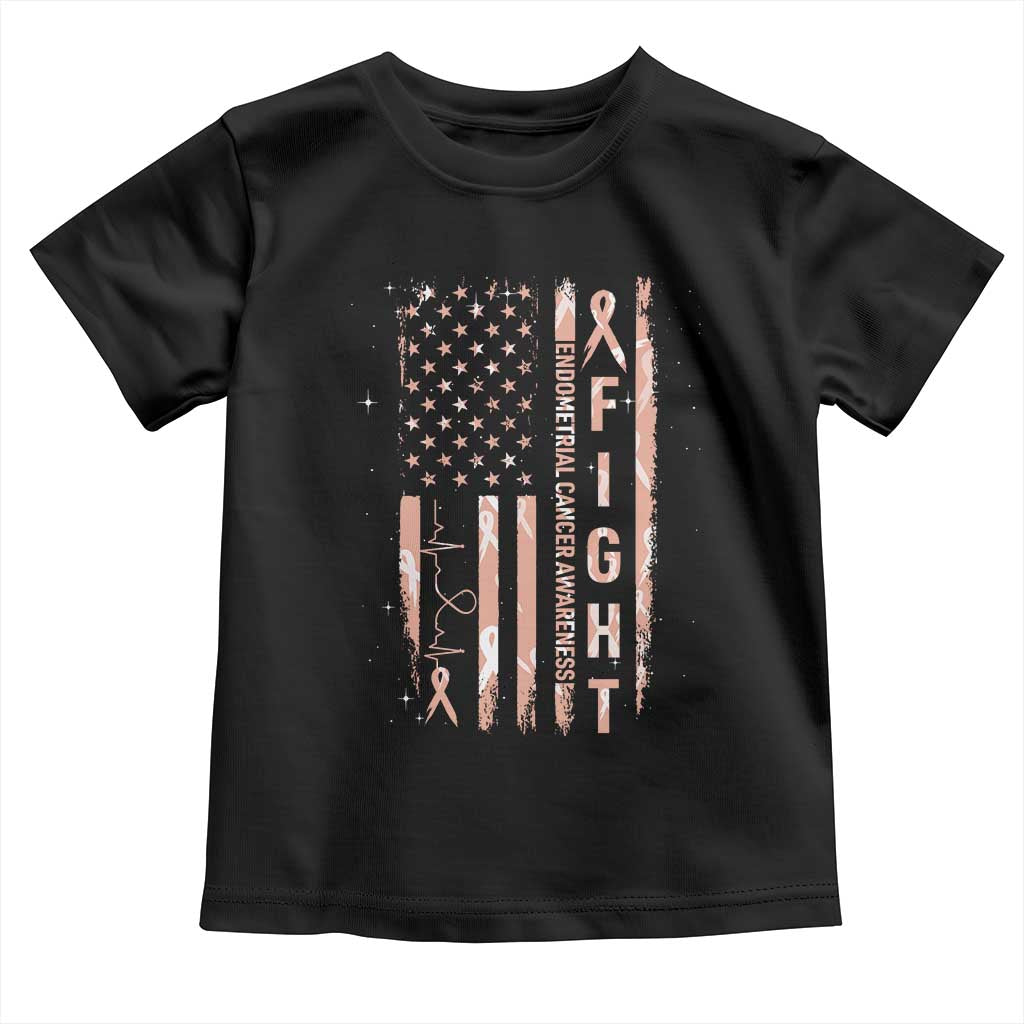 American Flag Endometrial Cancer Toddler T Shirt Fight Together Peach Ribbon Support Squad TS12 Black Print Your Wear