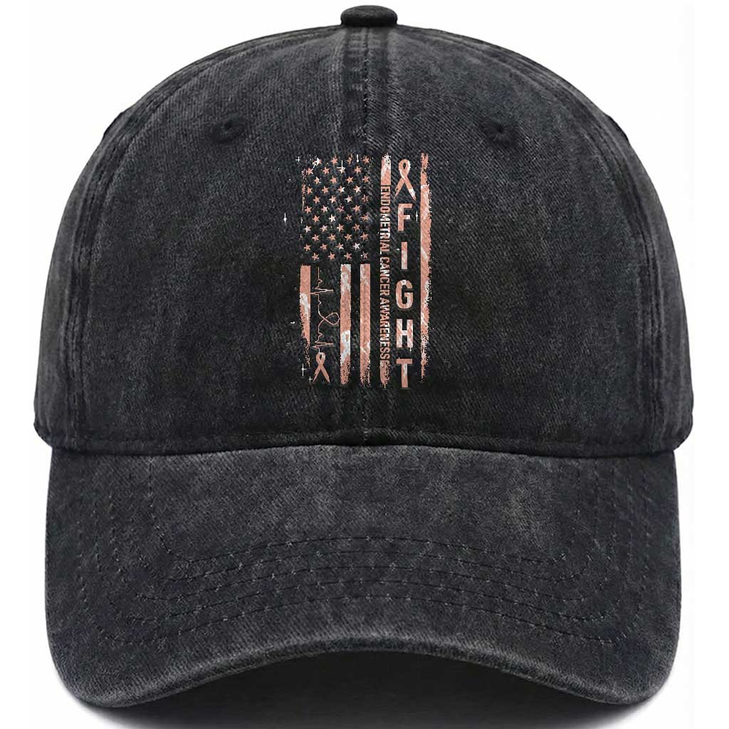 American Flag Endometrial Cancer Washed Cotton Baseball Cap Fight Together Peach Ribbon Support Squad