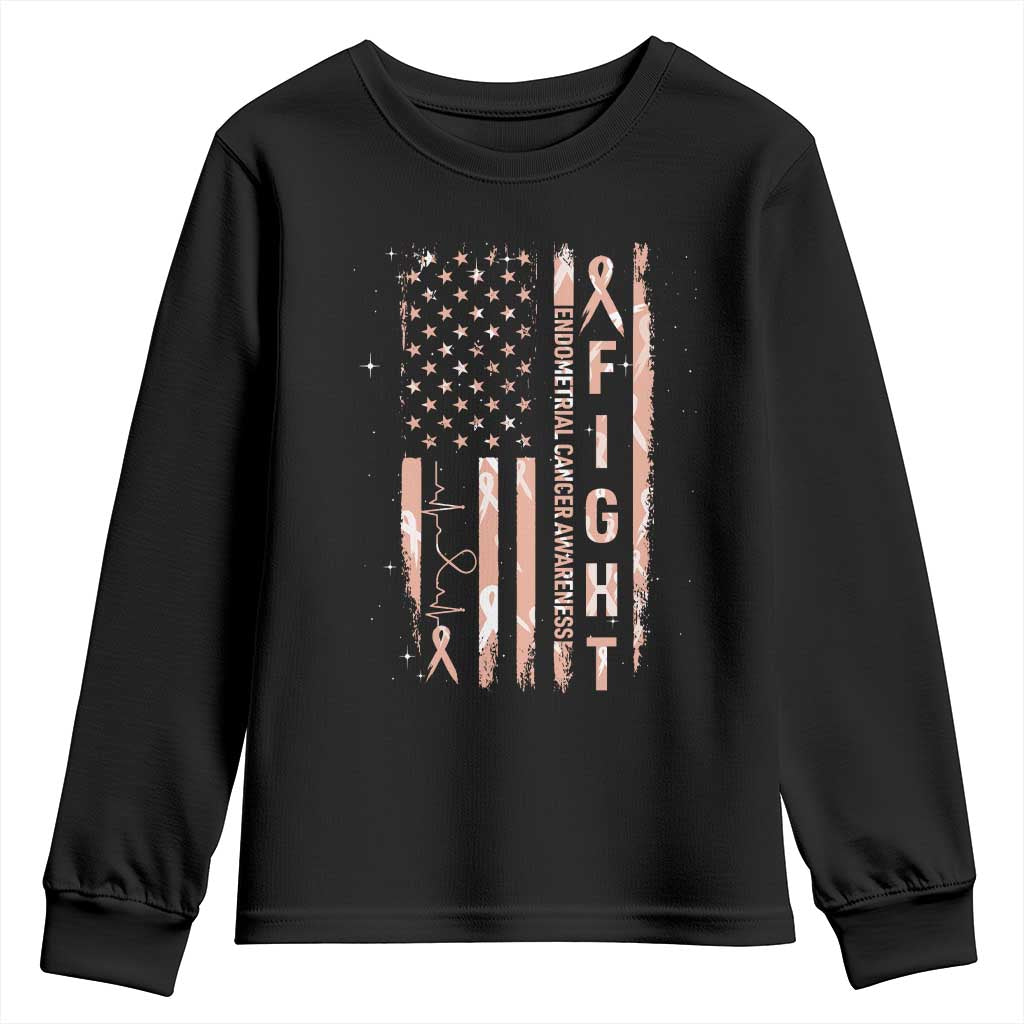 American Flag Endometrial Cancer Youth Sweatshirt Fight Together Peach Ribbon Support Squad TS12 Black Print Your Wear