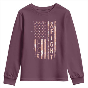 American Flag Endometrial Cancer Youth Sweatshirt Fight Together Peach Ribbon Support Squad