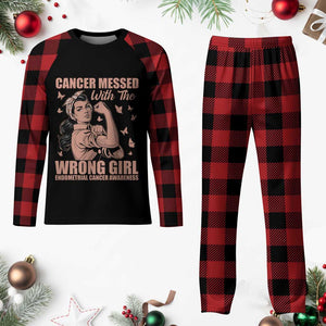 Strong Girl Endometrial Cancer Plaid Pajama Set Cancer Messed With The Wrong Girl