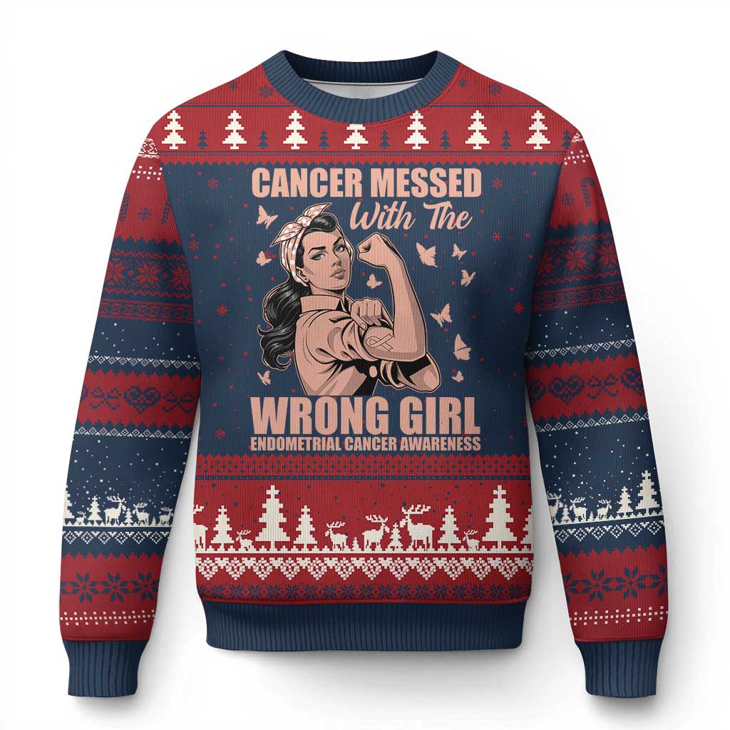 Strong Girl Endometrial Cancer Ugly Christmas Sweater Cancer Messed With The Wrong Girl