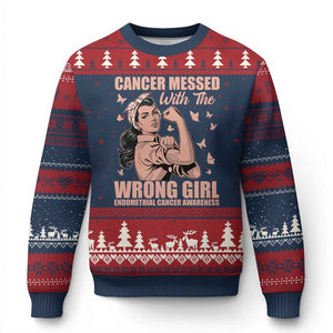 Strong Girl Endometrial Cancer Ugly Christmas Sweater Cancer Messed With The Wrong Girl