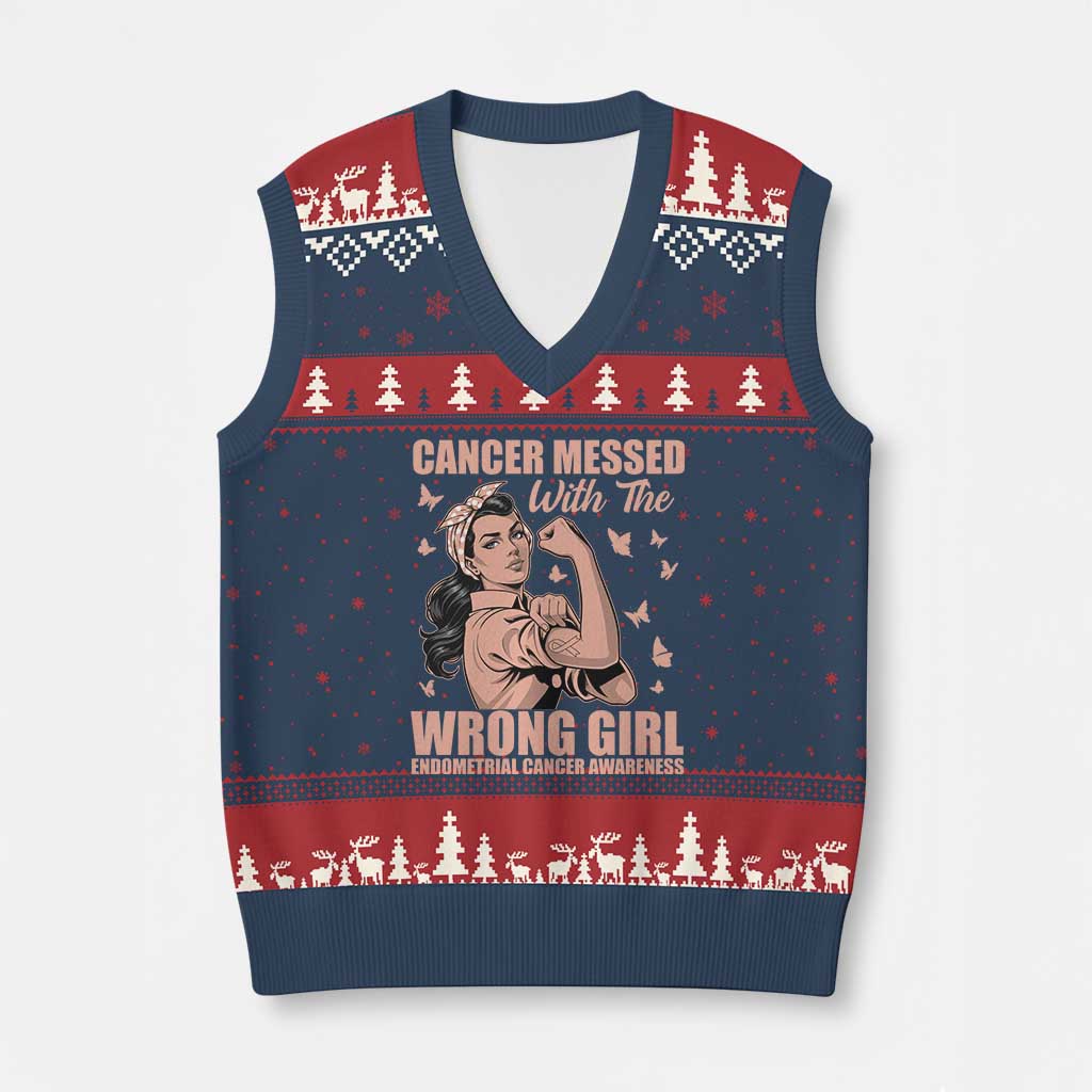 Strong Girl Endometrial Cancer V-Neck Knit Sweater Vest Cancer Messed With The Wrong Girl