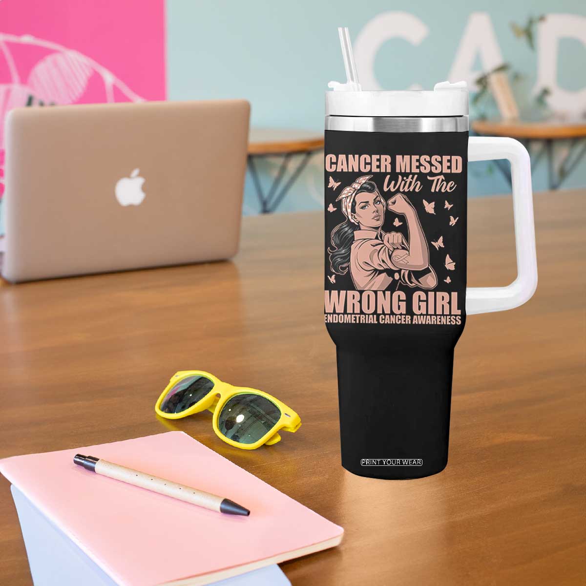 Strong Girl Endometrial Cancer Tumbler With Handle Cancer Messed With The Wrong Girl