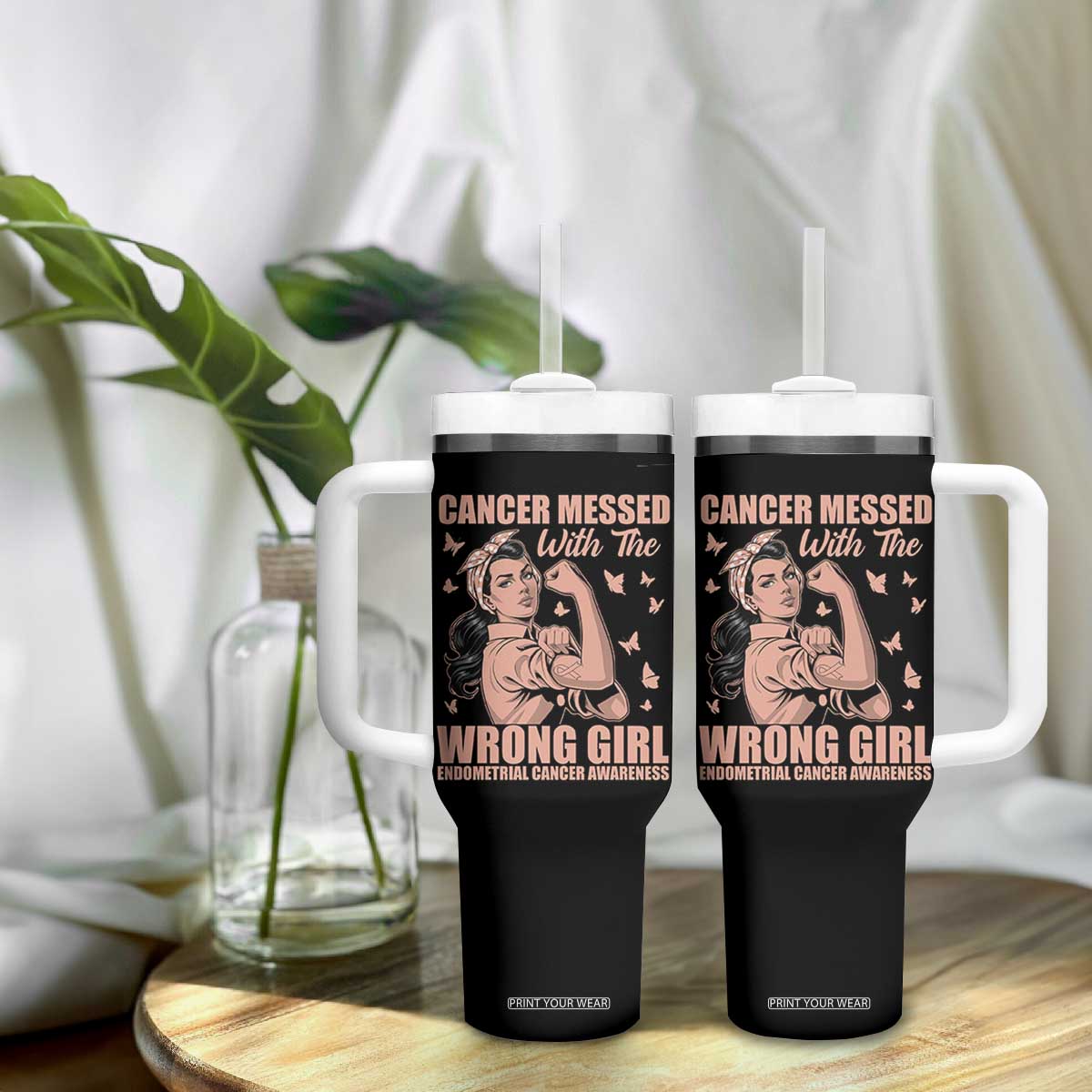 Strong Girl Endometrial Cancer Tumbler With Handle Cancer Messed With The Wrong Girl