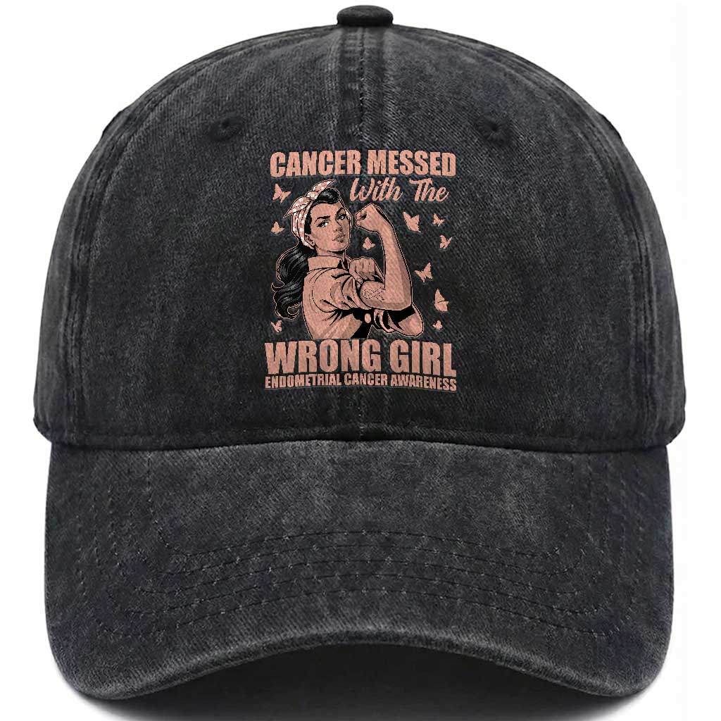 Strong Girl Endometrial Cancer Washed Cotton Baseball Cap Cancer Messed With The Wrong Girl