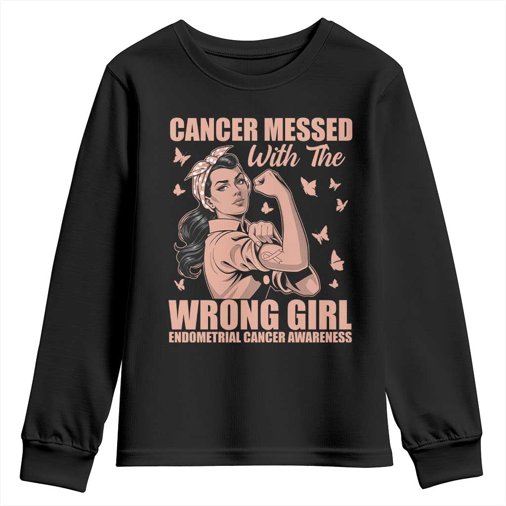 Strong Girl Endometrial Cancer Youth Sweatshirt Cancer Messed With The Wrong Girl TS12 Black Print Your Wear