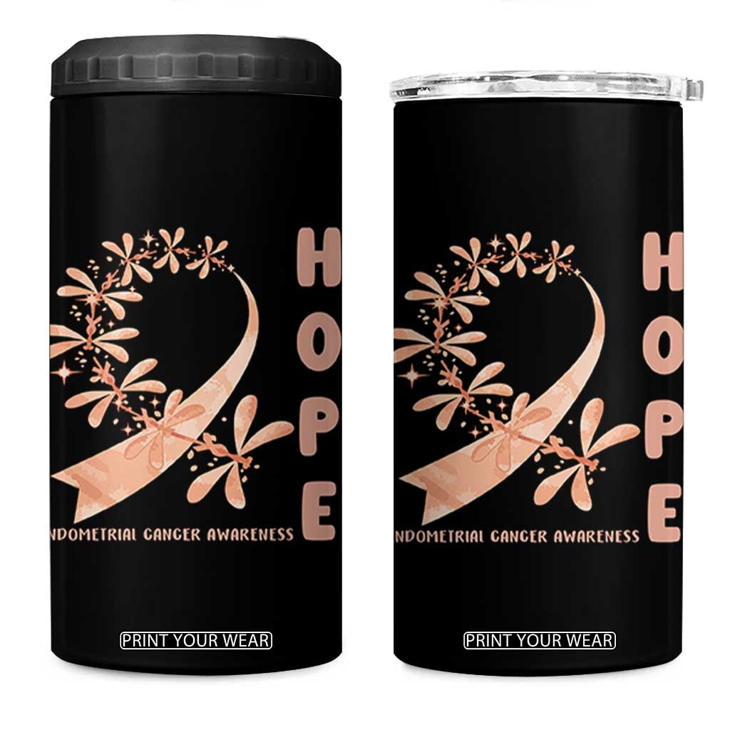 Peach Dragonfly Endometrial Cancer 4 in 1 Can Cooler Tumbler Hope And Strength