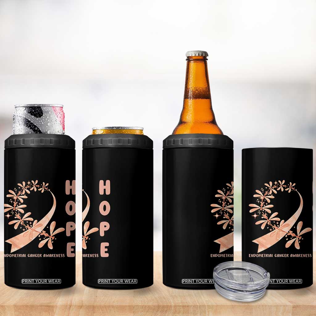 Peach Dragonfly Endometrial Cancer 4 in 1 Can Cooler Tumbler Hope And Strength