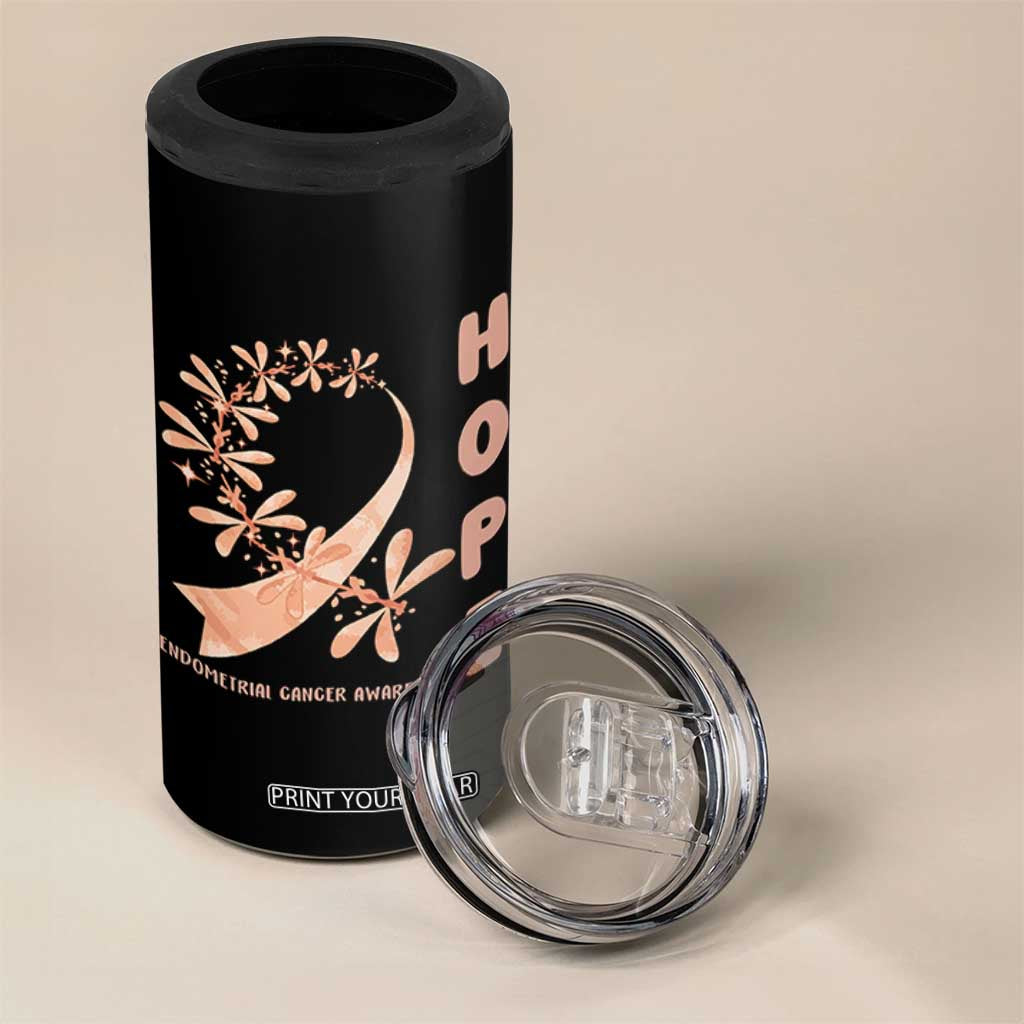 Peach Dragonfly Endometrial Cancer 4 in 1 Can Cooler Tumbler Hope And Strength