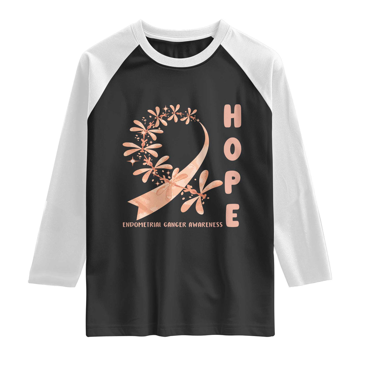Peach Dragonfly Endometrial Cancer Raglan Shirt Hope And Strength