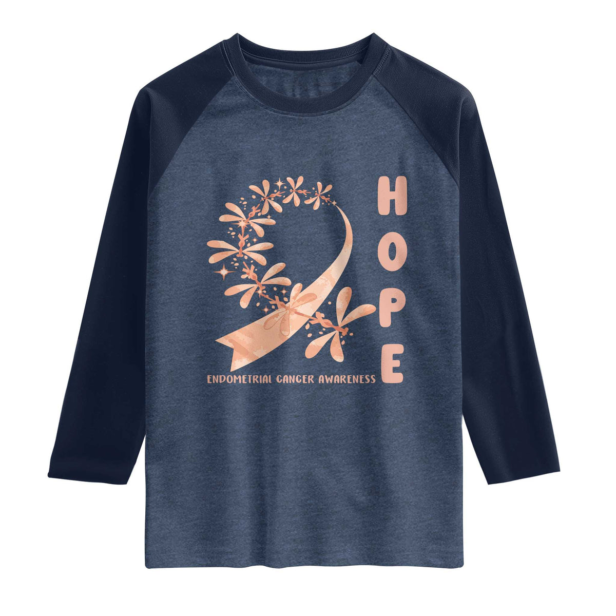 Peach Dragonfly Endometrial Cancer Raglan Shirt Hope And Strength