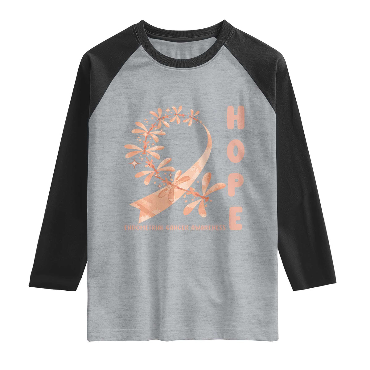 Peach Dragonfly Endometrial Cancer Raglan Shirt Hope And Strength