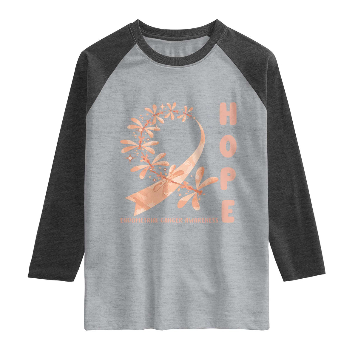 Peach Dragonfly Endometrial Cancer Raglan Shirt Hope And Strength