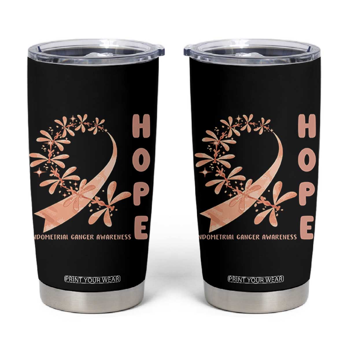 Peach Dragonfly Endometrial Cancer Tumbler Cup Hope And Strength
