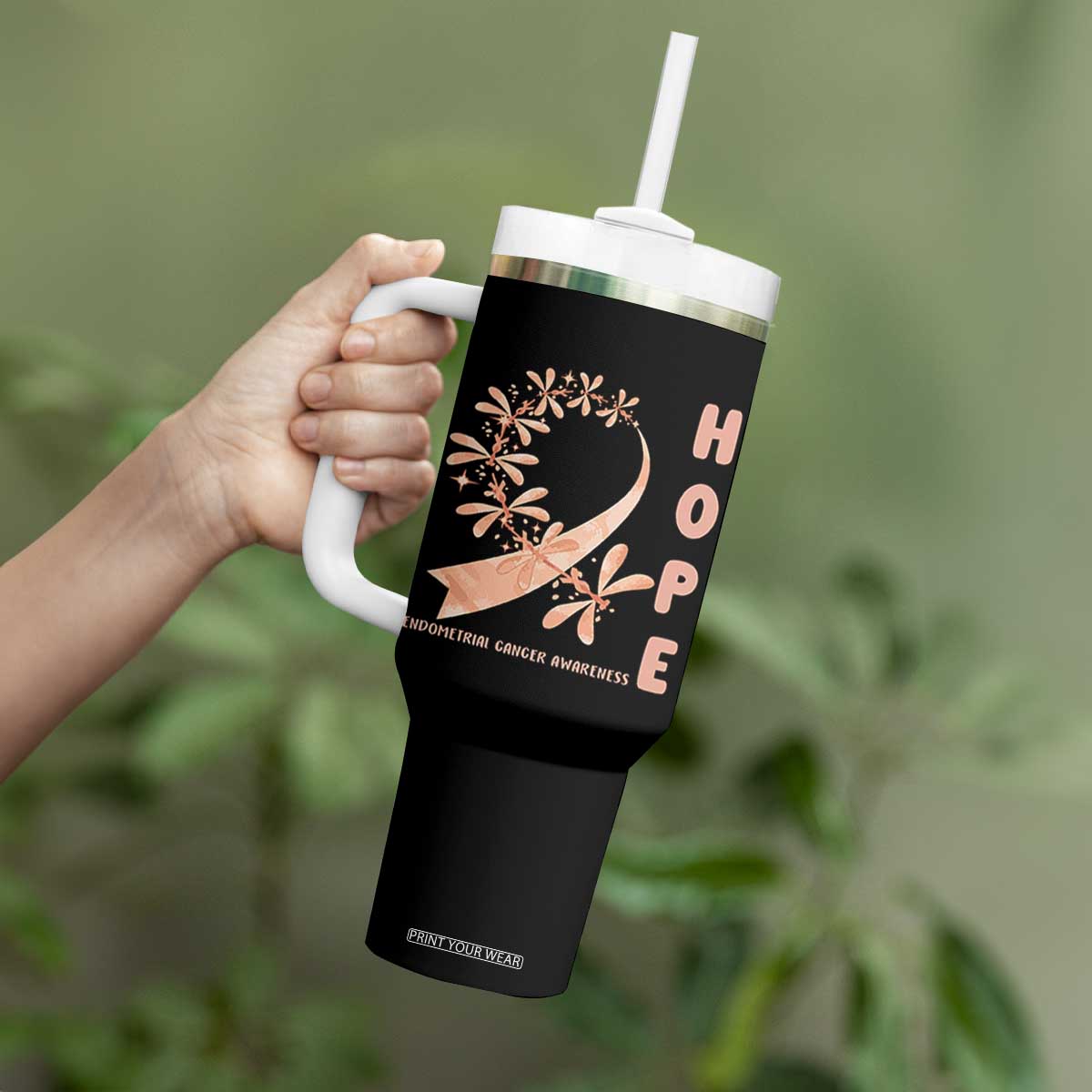 Peach Dragonfly Endometrial Cancer Tumbler With Handle Hope And Strength