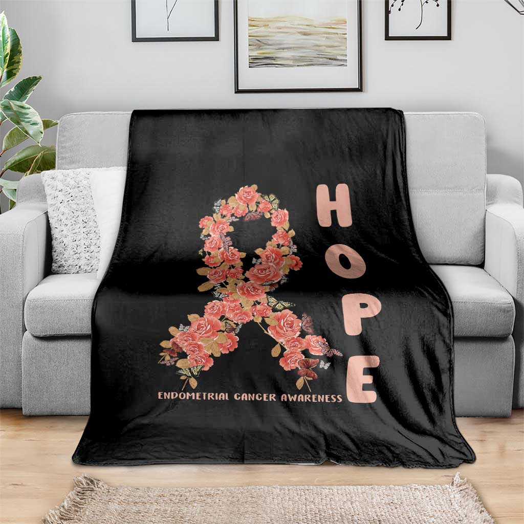 Endometrial Cancer Floral Ribbon Throw Blanket Hope Peach Ribbon Warrior