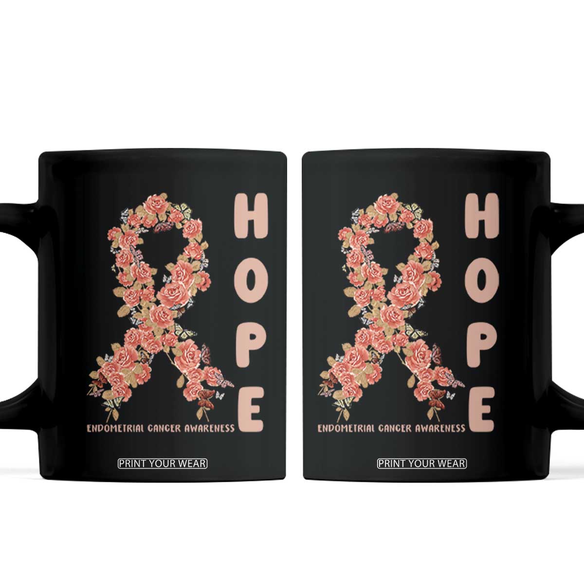 Endometrial Cancer Floral Ribbon Coffee Mug Hope Peach Ribbon Warrior