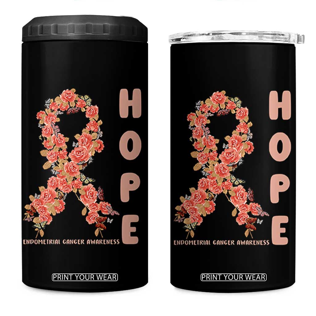 Endometrial Cancer Floral Ribbon 4 in 1 Can Cooler Tumbler Hope Peach Ribbon Warrior