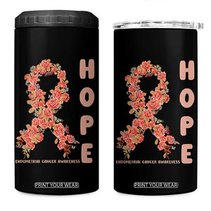 Endometrial Cancer Floral Ribbon 4 in 1 Can Cooler Tumbler Hope Peach Ribbon Warrior