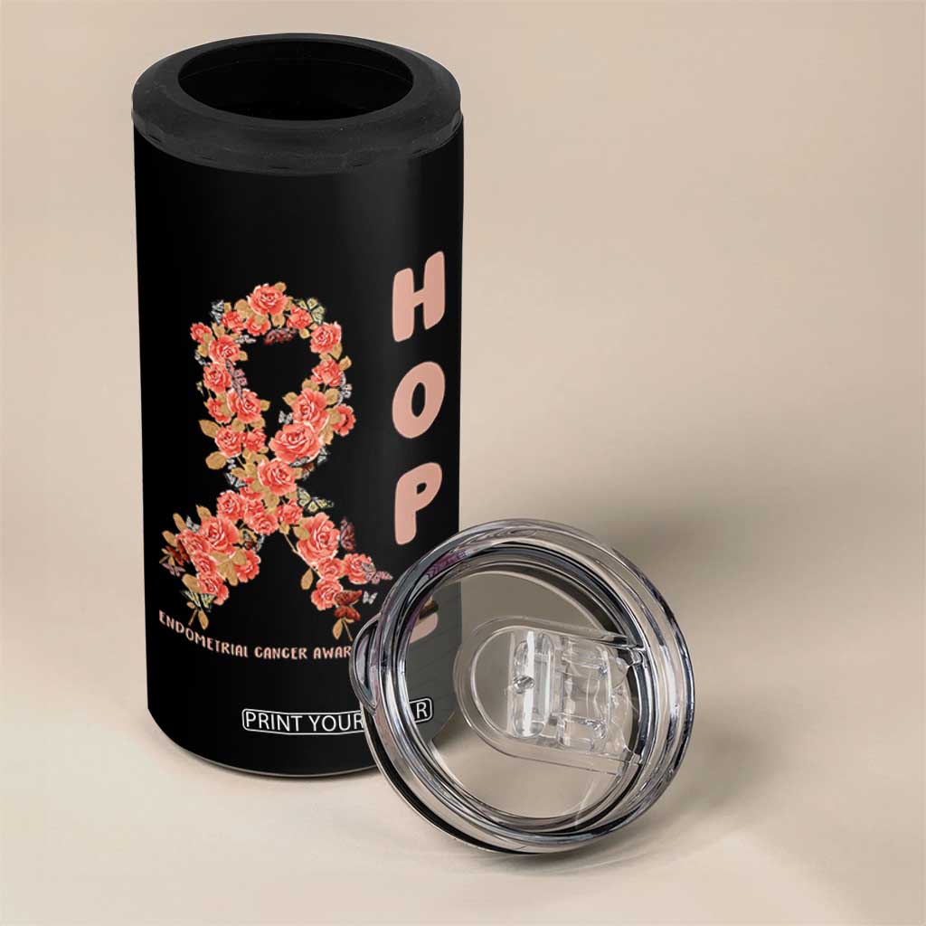 Endometrial Cancer Floral Ribbon 4 in 1 Can Cooler Tumbler Hope Peach Ribbon Warrior