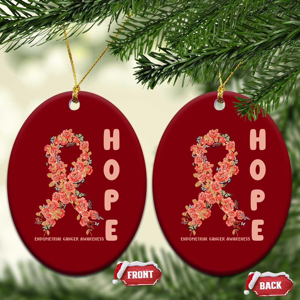 Endometrial Cancer Floral Ribbon Ceramic Ornament Hope Peach Ribbon Warrior