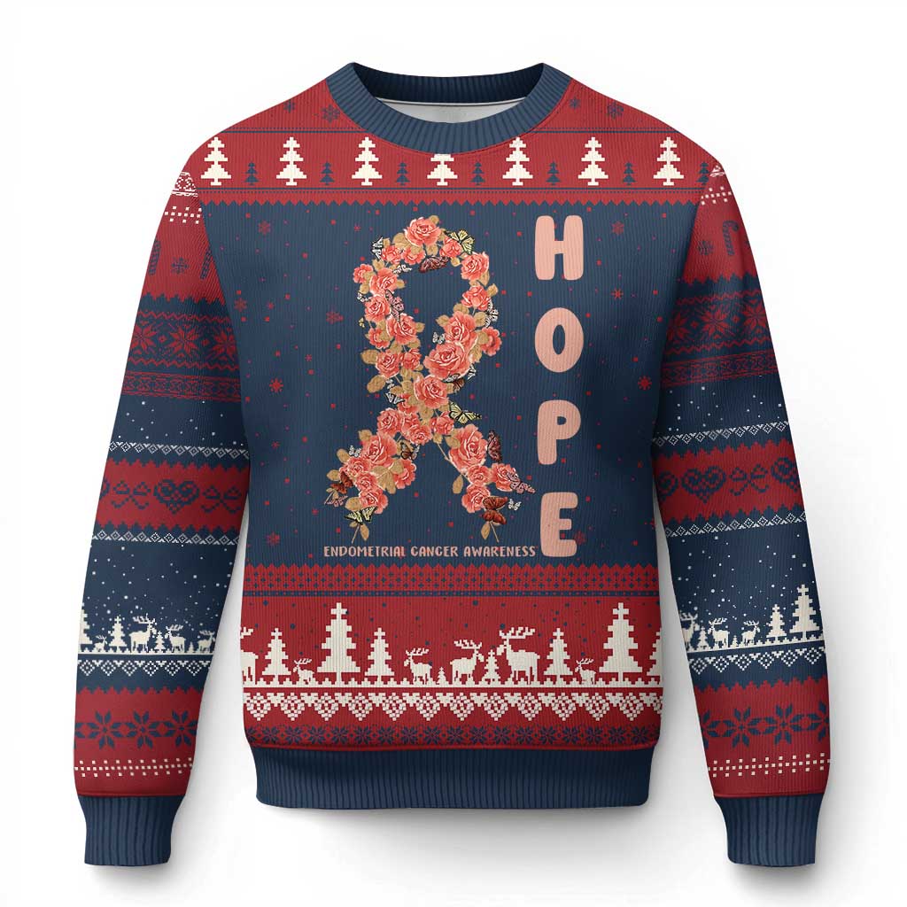 Endometrial Cancer Floral Ribbon Ugly Christmas Sweater Hope Peach Ribbon Warrior