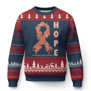 Endometrial Cancer Floral Ribbon Ugly Christmas Sweater Hope Peach Ribbon Warrior