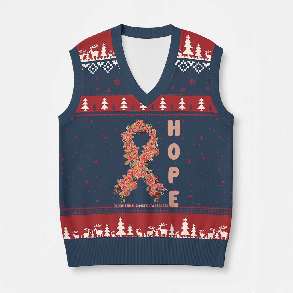 Endometrial Cancer Floral Ribbon V-Neck Knit Sweater Vest Hope Peach Ribbon Warrior TS12 Navy Red Print Your Wear