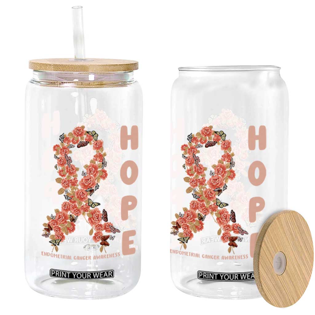 Endometrial Cancer Floral Ribbon Glass Can Hope Peach Ribbon Warrior