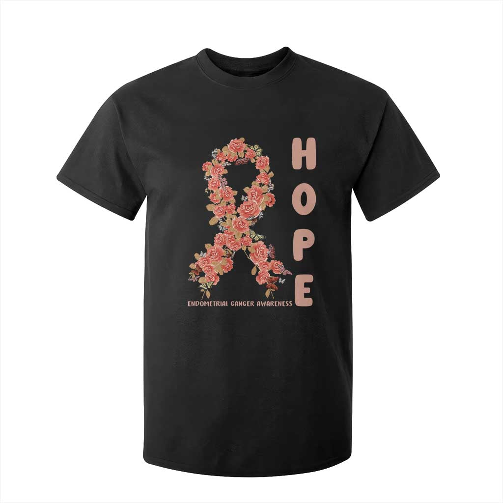 Endometrial Cancer Floral Ribbon T Shirt For Kid Hope Peach Ribbon Warrior TS12 Black Print Your Wear