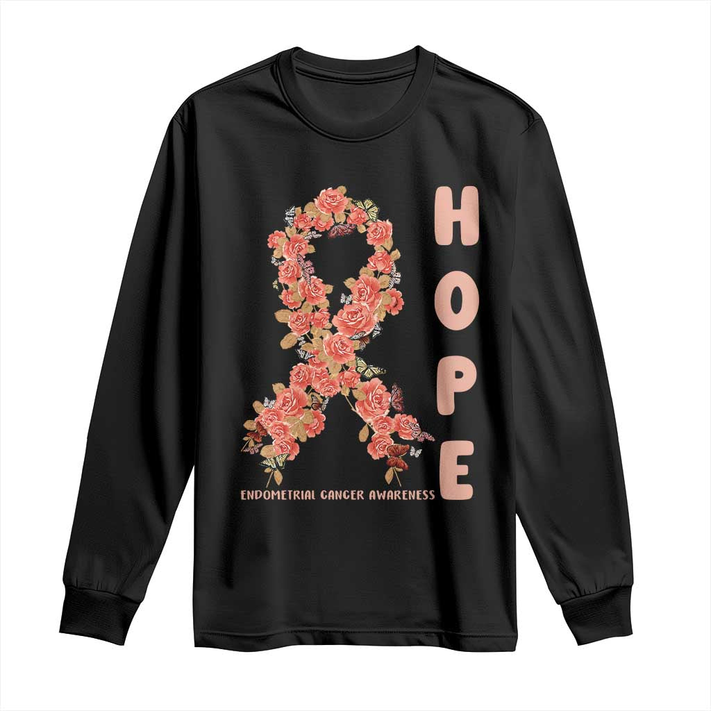 Endometrial Cancer Floral Ribbon Long Sleeve Shirt Hope Peach Ribbon Warrior TS12 Black Print Your Wear
